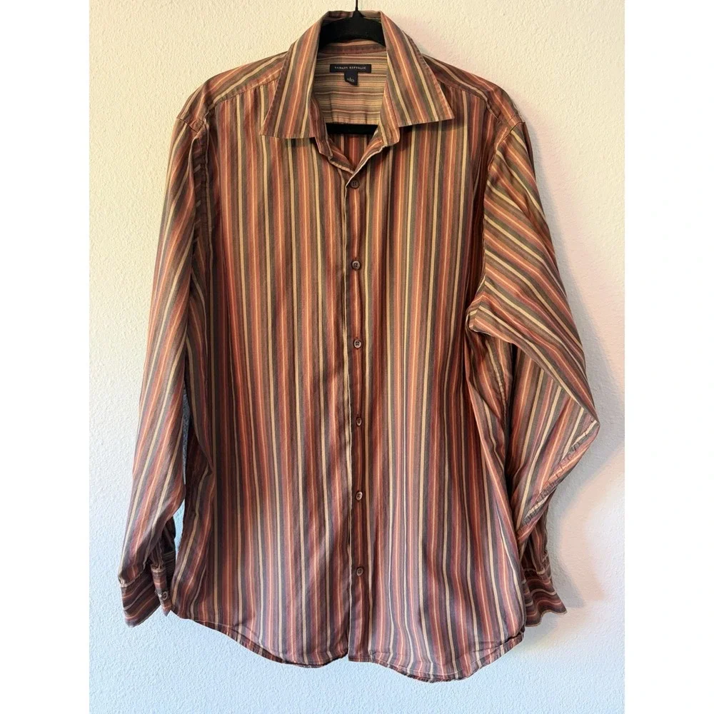 Banana Republic Mens Shirt Large Red Pink Striped Long Sleeve Size Large